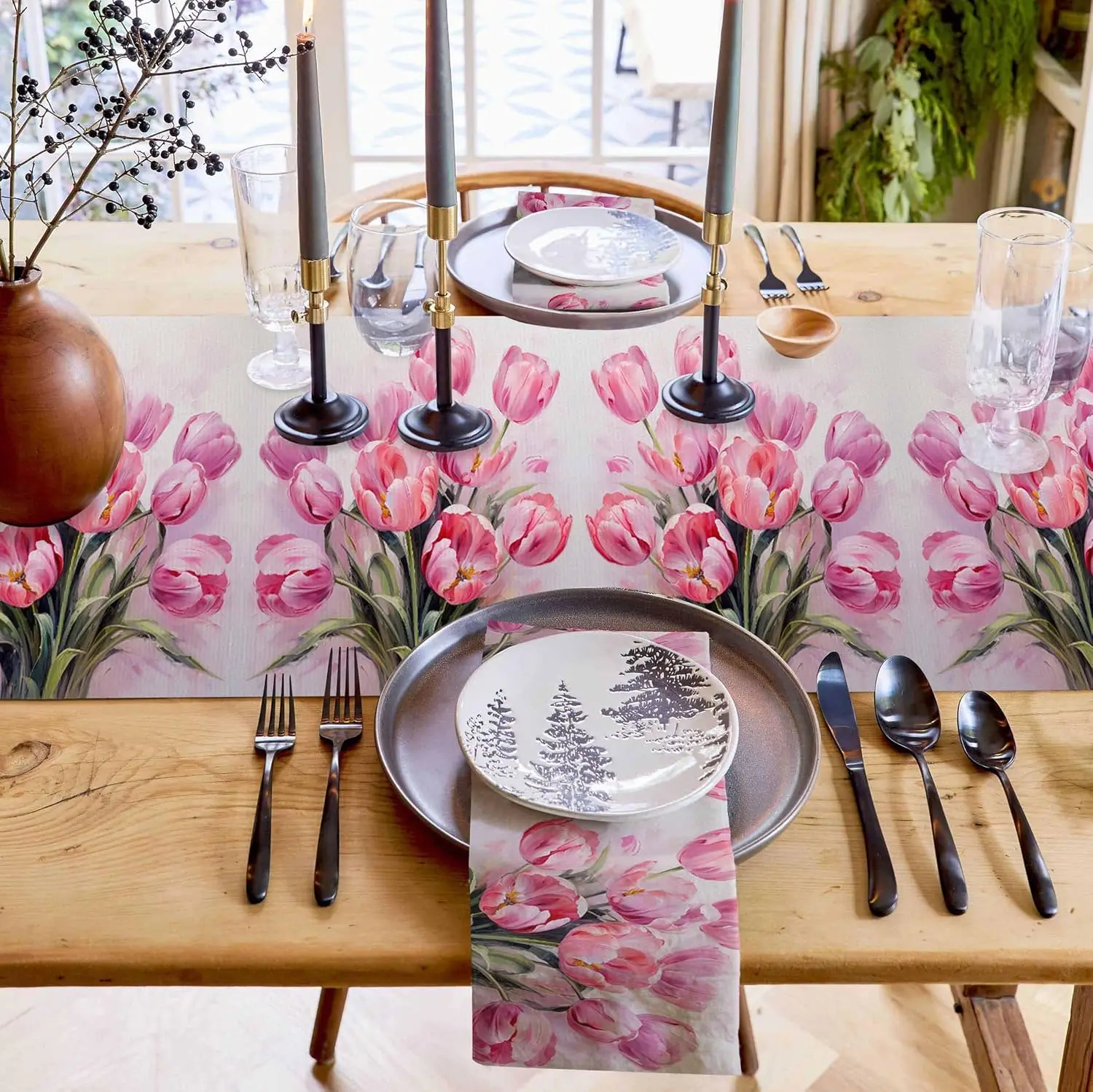 Happy Easter Watercolor Tulip Linen Table Runner Wedding Party Decor Spring Plants Pink Flowers Table Runners Dining Table Decor