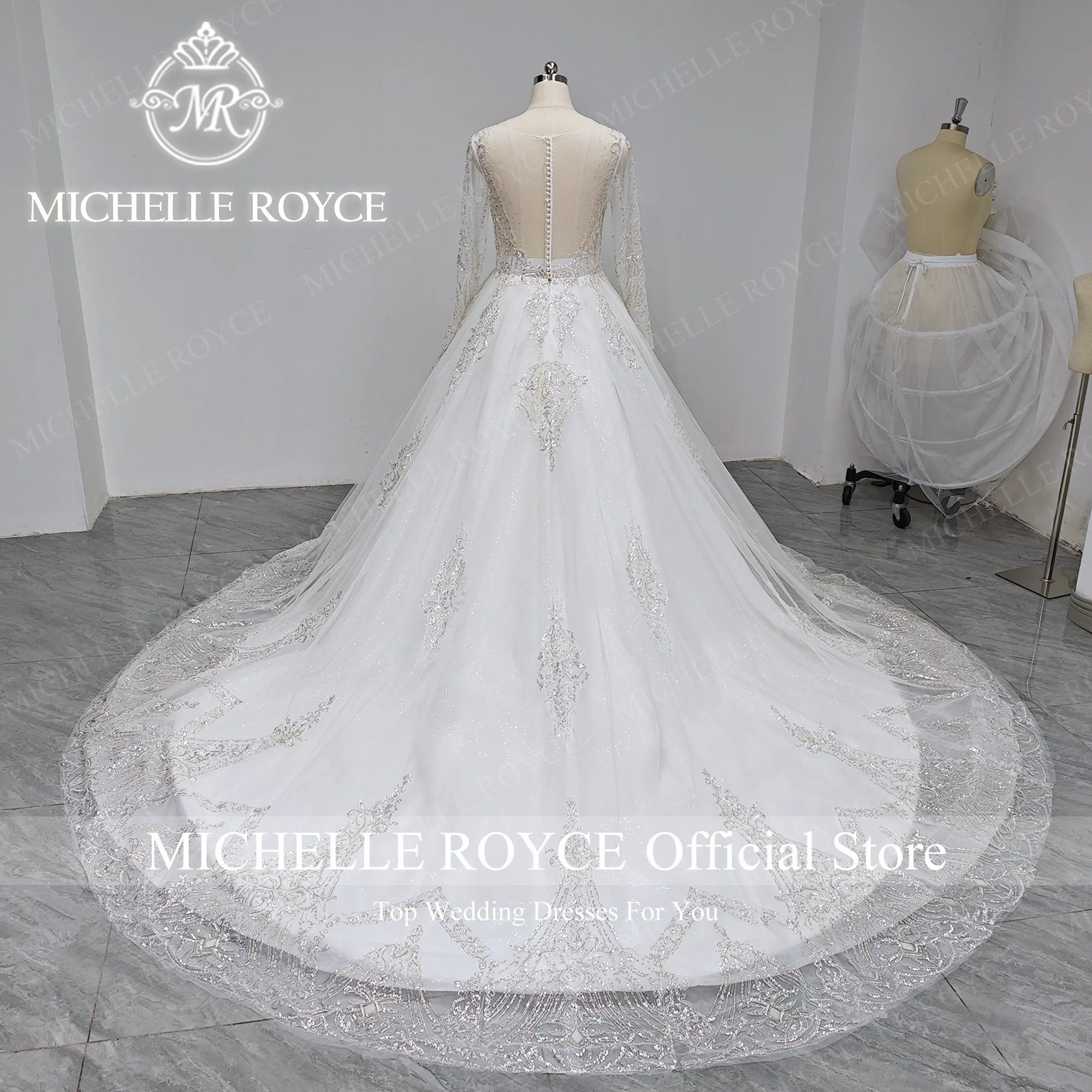 Michelle Royce Royal Wedding Dress 2024 Real photos Sequined Button Illusion Fairy Wedding Gown Vestidos Elegantes Para Mujer