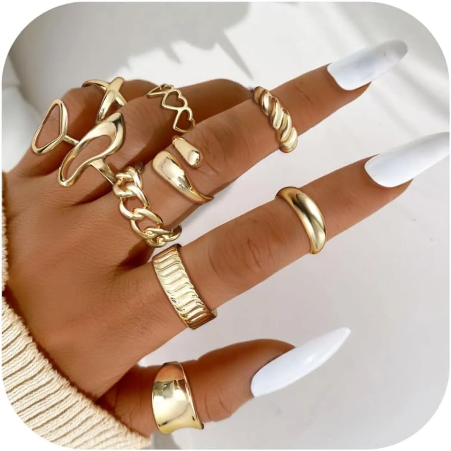 Bobisty 10PCS Gold Plated Rings Set for Women Non Tarnish Open Adjustable Chunky Stackable Rings Trendy Dainty Midi Rings Set