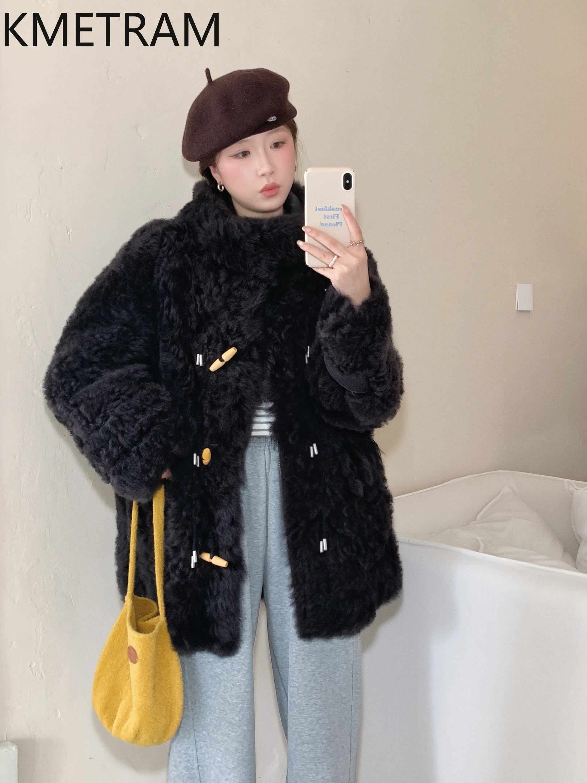 KMETRAM Naturalna Skóra Owcza z Wełną, Płaszcz Damski Średniej Długości, Kurtka z Prawdziwego Futra z Kapturem, Nowość w Kategorii Płaszczy, Zimowa Odzież Damska