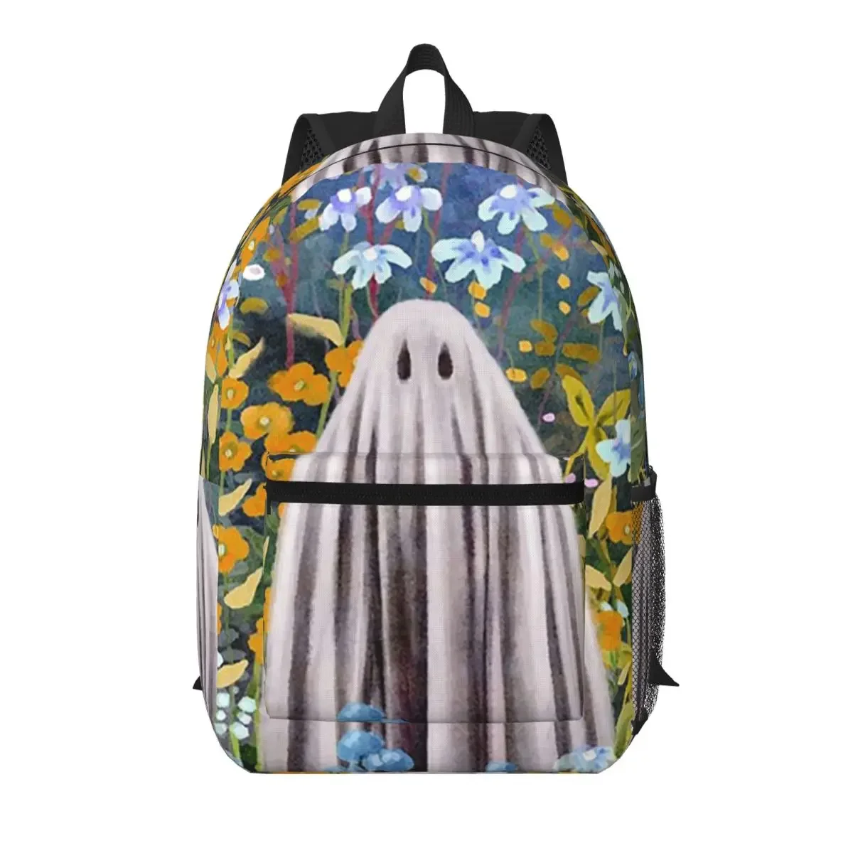 Cute Ghost Surrounded By Wild Flowers Student Backpack School Bag Hiking Travel Daypack for Men Women Bookbag Shoulder Bags