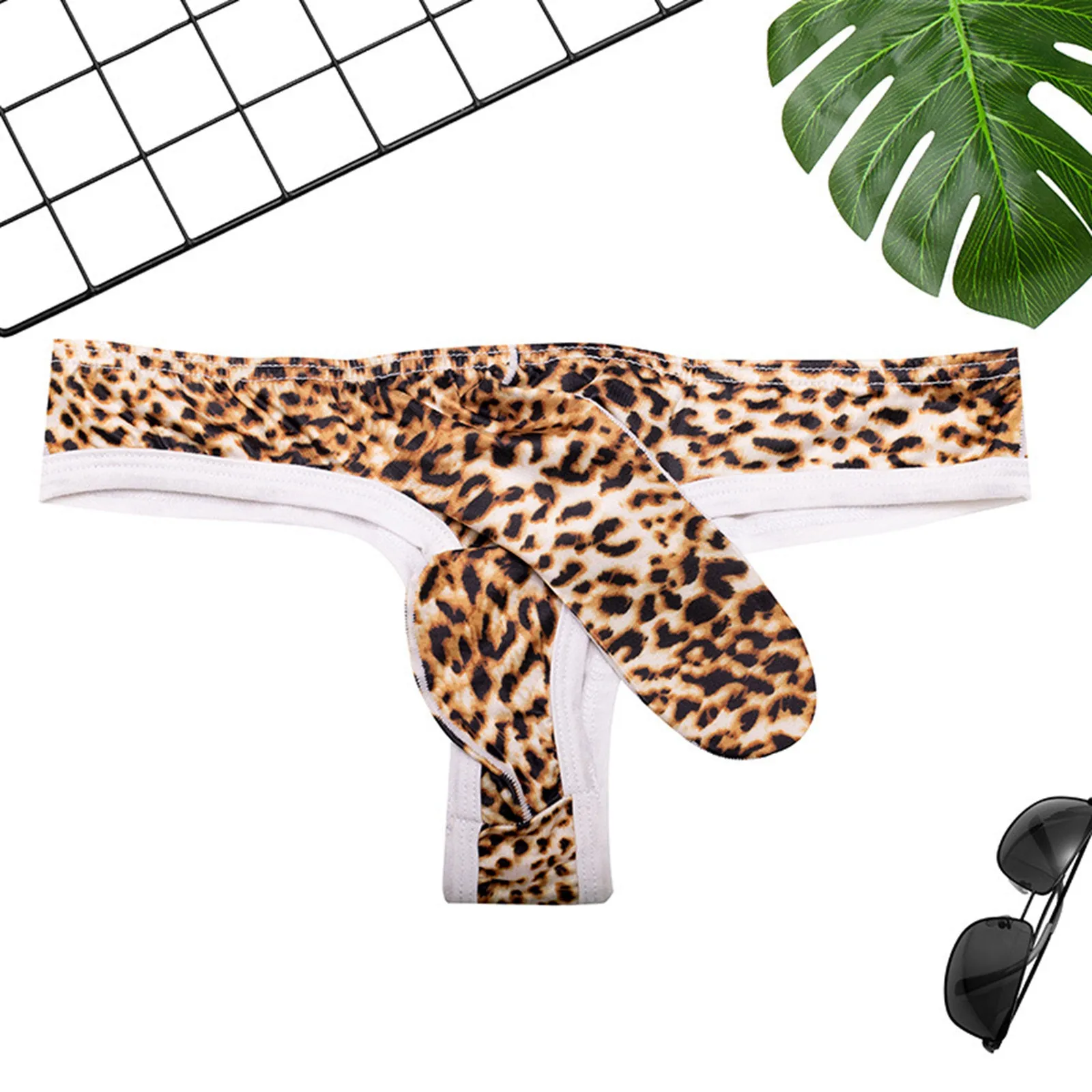 남성용 란제리 속옷 남성용 레오파드 팬티 섹시한 로우라이즈 통기성 좋은 끈 팬티 비키니 팬티 남성용