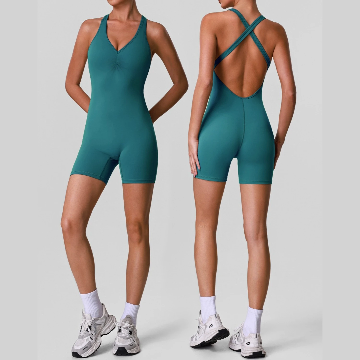 Greenora Backless Yoga Jumpsuit Women CrossBack Romper Athletic Bodysuit PushUp Sports Playsuit Aesthetic Gym Fitness Activewear