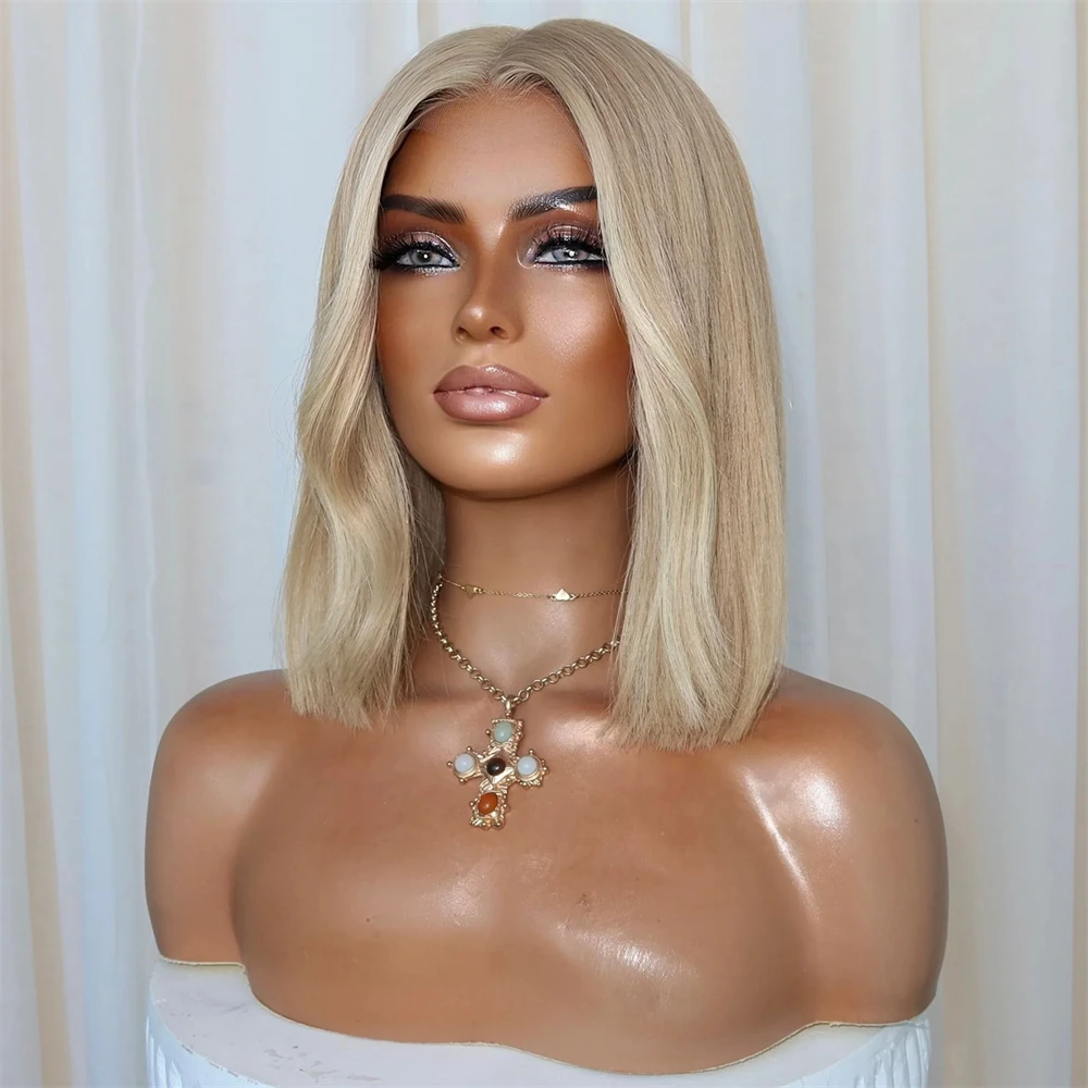 12 Inches Ombre Light Golden Blonde Synthetic HD Lace Front Wig For Fashion Women Short Straight Wig Realistic Look Hairline