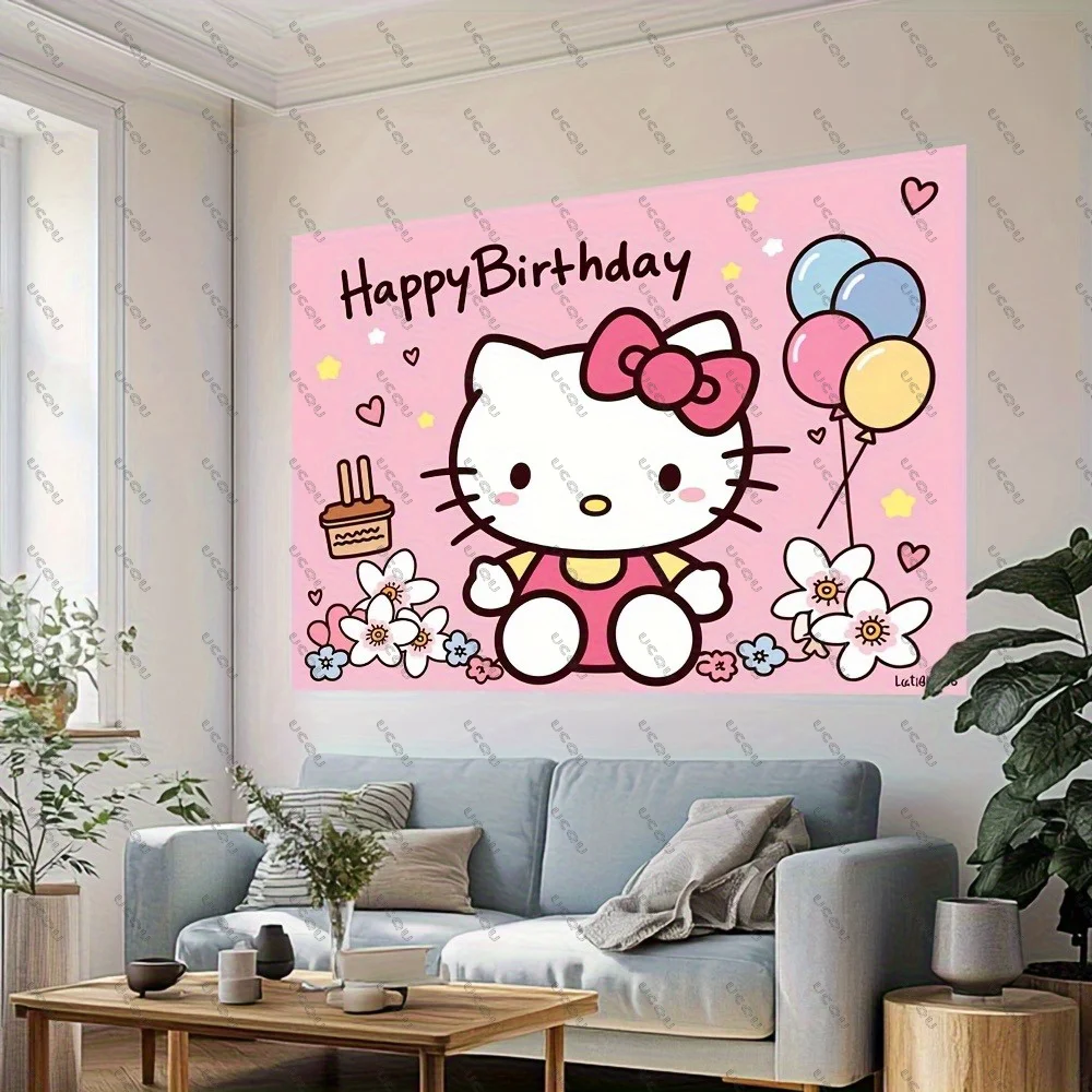 MINISO名創優品 ハローキティ背景幕 吊り下げ布 お祝い ルームデコレーション 写真背景 寮の装飾 壁 誕生日パーティーバナー