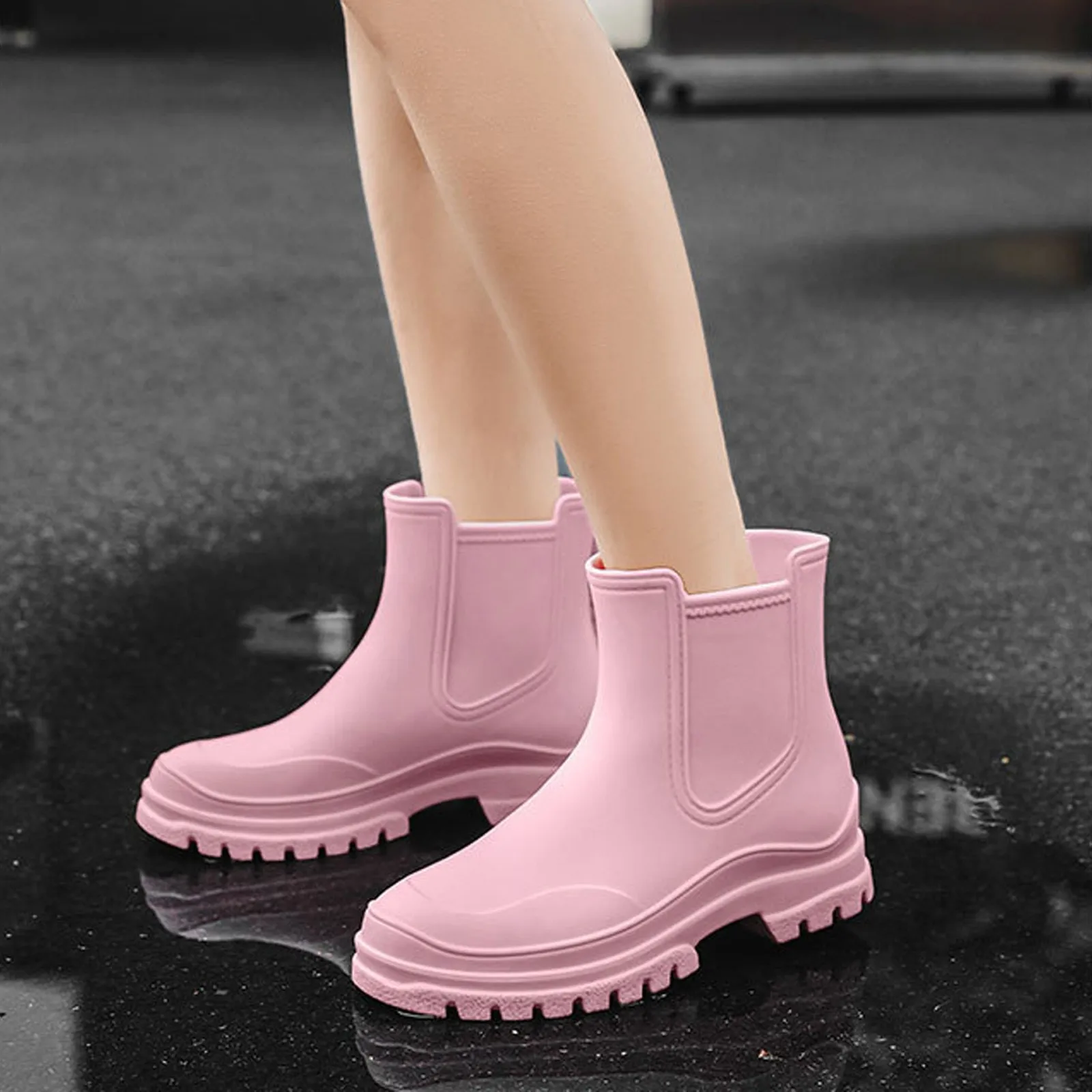 Women's Rain Boots Comfortable Elastic Adult Ankle Booties Fashion Mid Heel Boots Non Slip Chunky Platform Go Go Boots Size 11