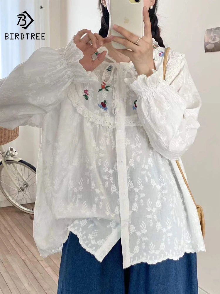 

Новая женская хлопковая блузка с длинным рукавом на весну 2026 года, с вышивкой, оборками и пэчворком, в стиле Mori Girl (японский стиль), свободного кроя, T61723CC