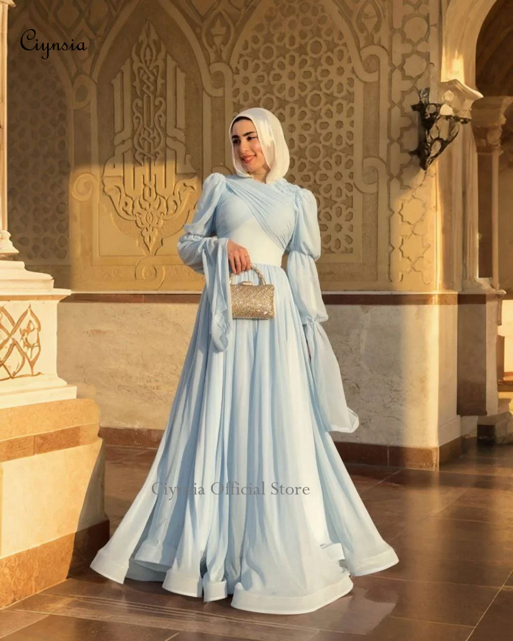 Ciynsia Personalizowana Jasnoniebieska Sukienka Wieczorowa z Wysokim Dekoltem, Warstwowymi Rękawami, Linia A, Sukienki na Formalne Okazje, Księżniczka, Szyfonowa Suknia Balowa