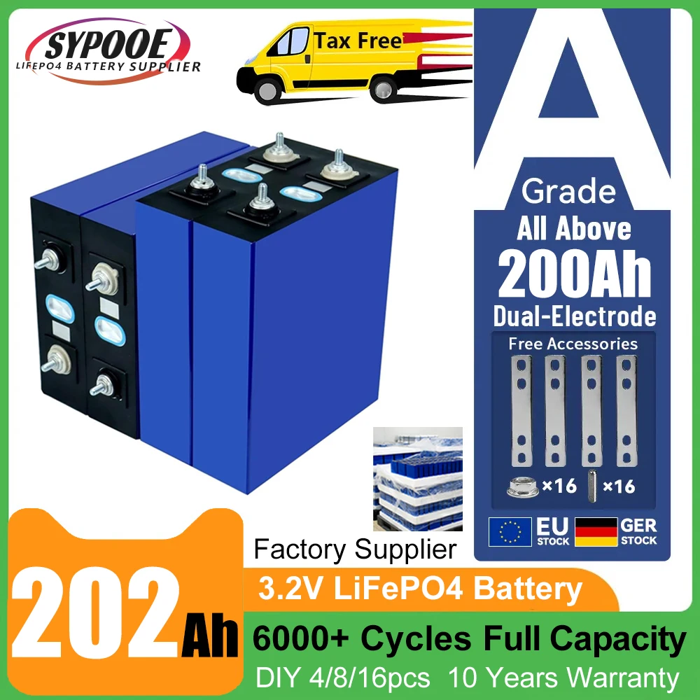 3.2V 200Ah LiFePO4 Battery Cell Grade A, 6000+ Cycles, 100% Full Capacity with QR Code Studs Lithium Iron Phosphate Battery