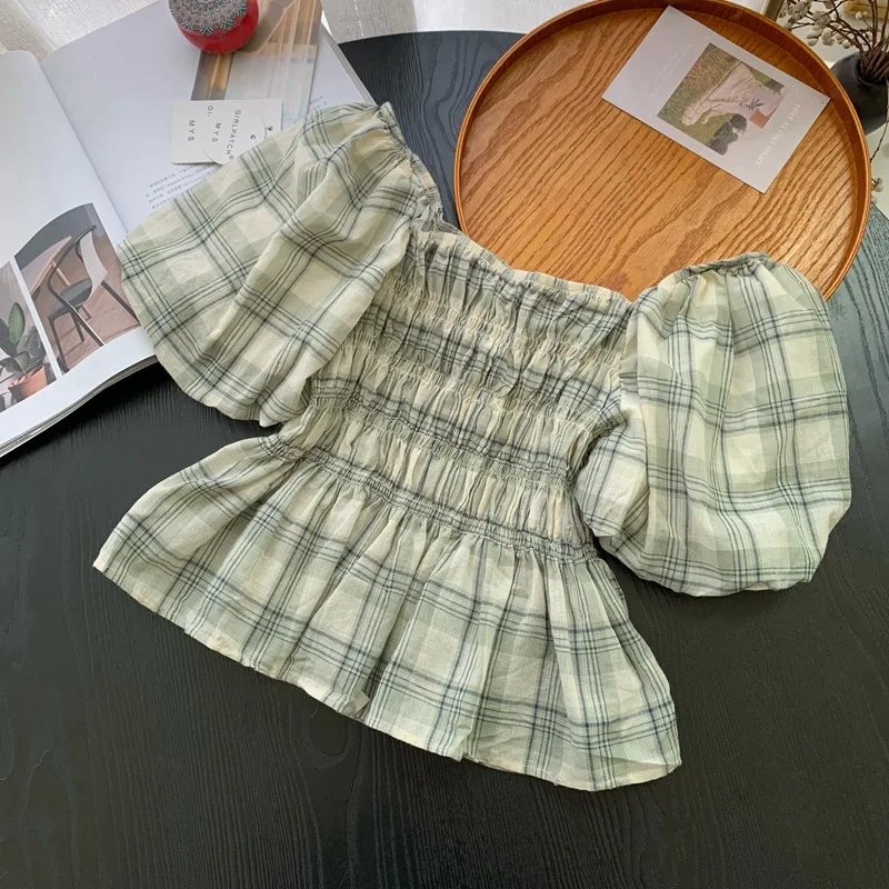 Sweet Woman Tshirts Square Collar Puff Sleeve Crop Top Fashion Korean T Shirt Summer Tees Pleated Plaid T-shirts 2024 Ropa Mujer