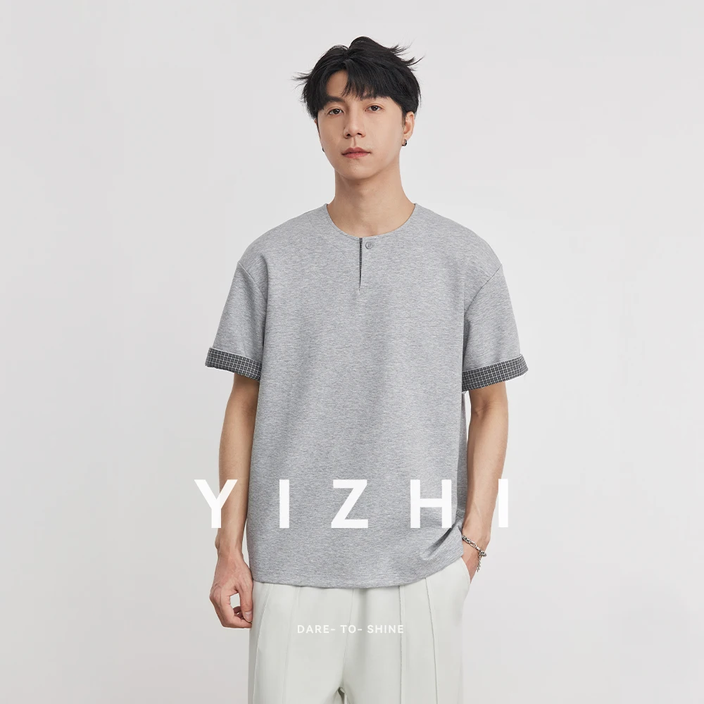 

Men's Heavyweight 260g Plaid Splice Small V-Neck T-Shirt 2026 Summer Henley Neck Loose Casual Streetwear Commute Short Sleeve