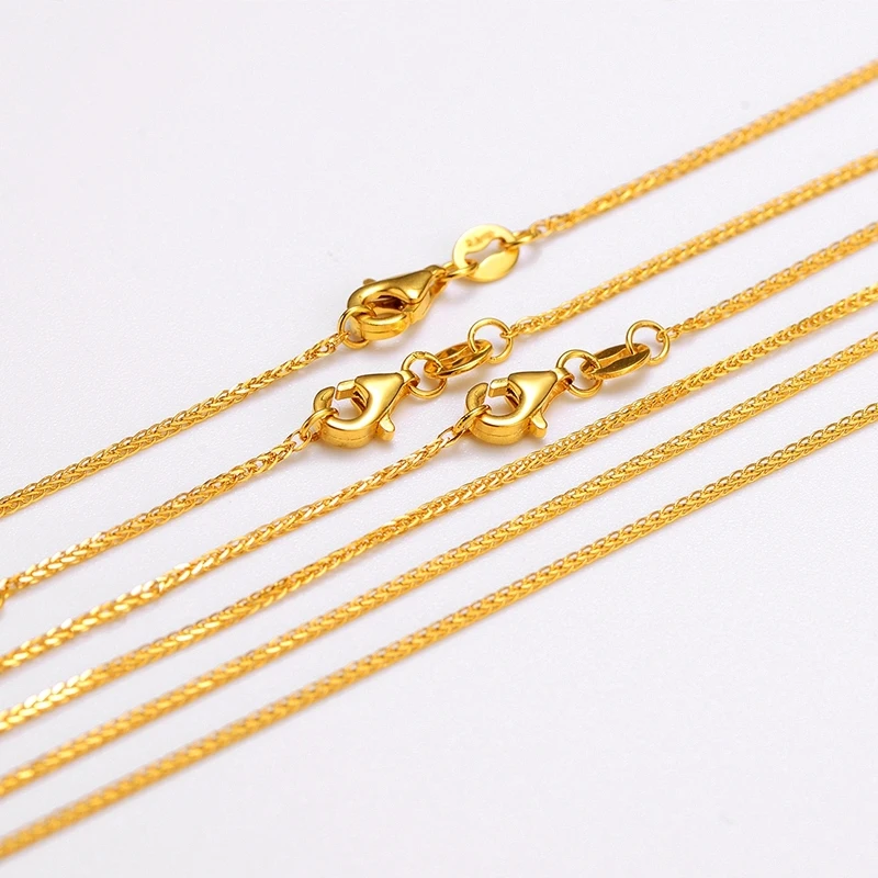 Real Pure 999 24K Yellow Gold Chain Women Lucky Gift 1mm Solid Wheat Lobster Clasp Necklace 40-70cm