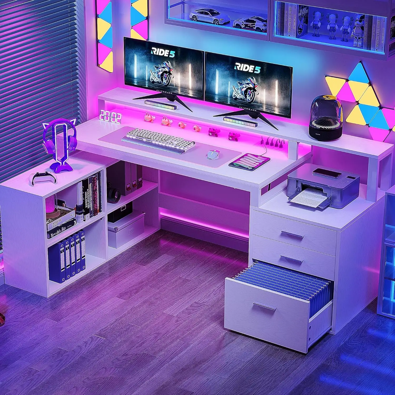 Shaped Desk with 3 Drawers, 65" Corner Computer Desk with Power Outlets & LED Lights, L-Shaped Desk with File Cabinet