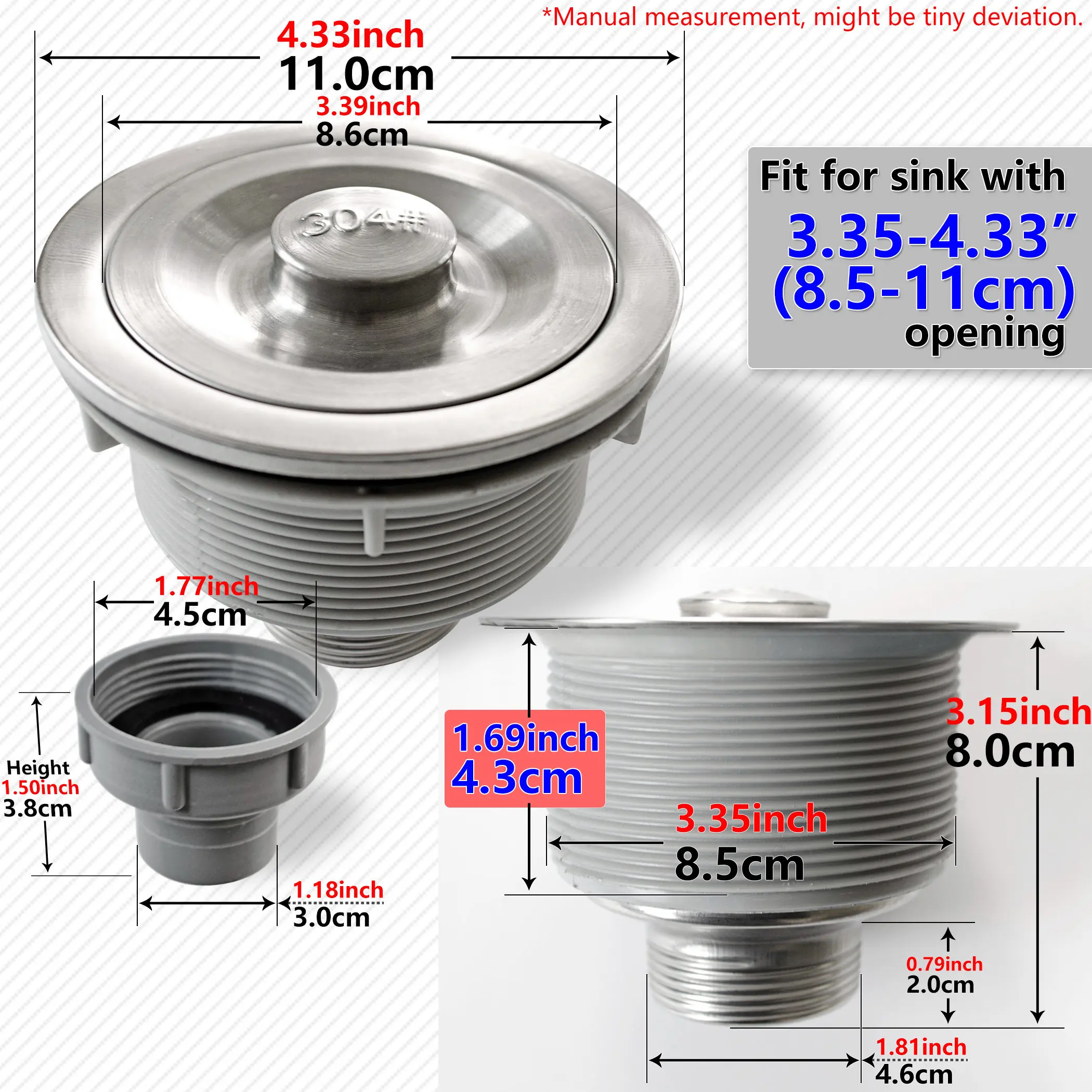 Stainless Steel Sink Drain Assembly Kit with Removable Sink Waste Strainer Basket and Lid w/optional Pipe for Home Kitchen