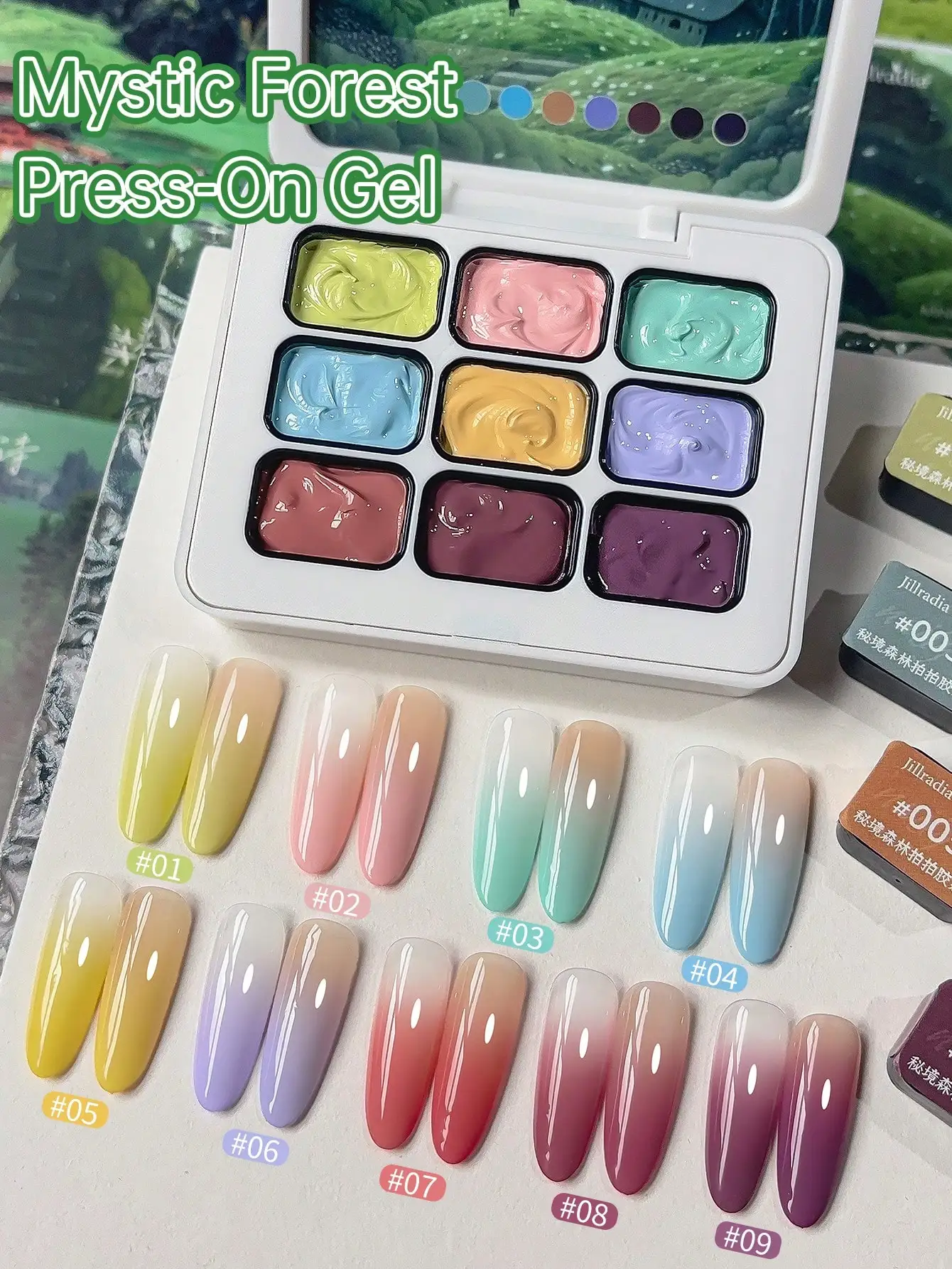 Jillradia 9pcs Mystic Forest Press-On Gel Nail Polish Set,  Quick Dry & Long Lasting Nail Art Gel Kit