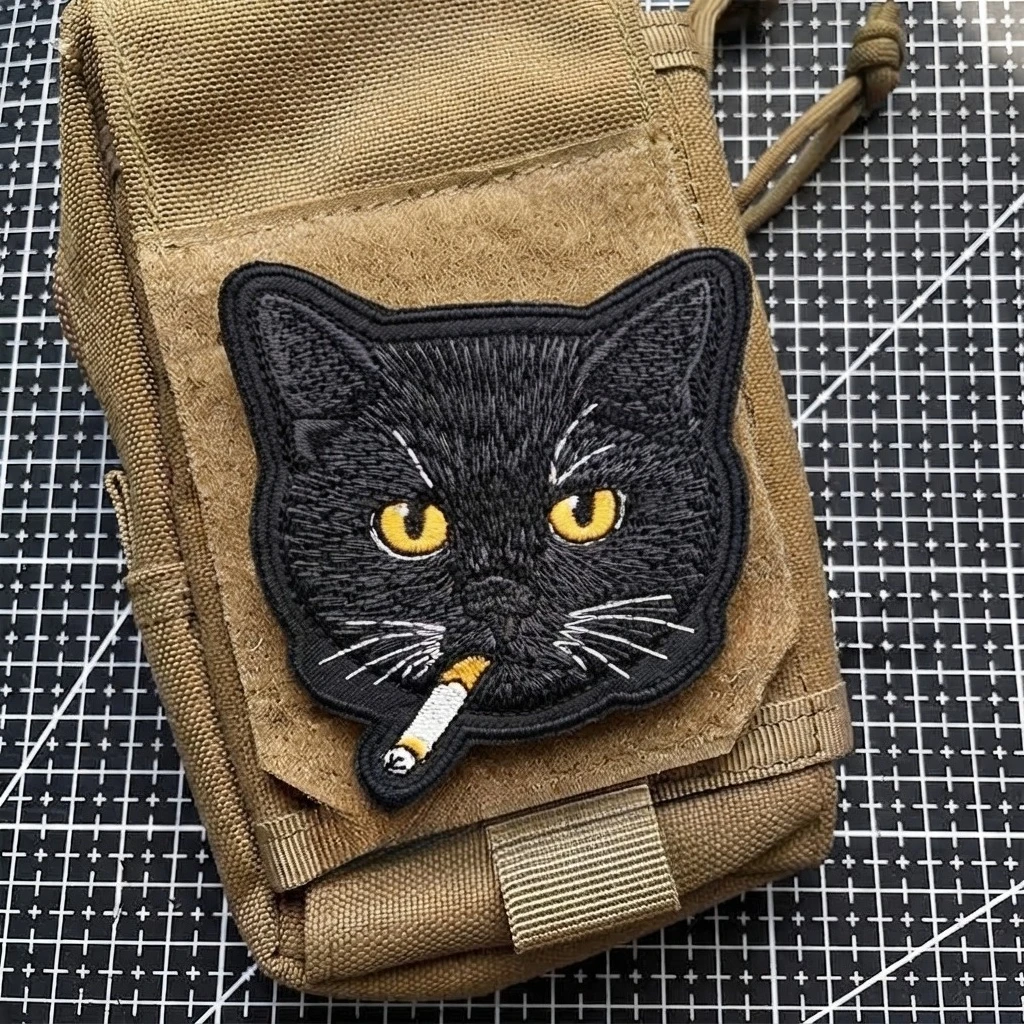 Tactical Black Cat Smoking Embroidery Patch Hook and Loop Military Morale Badges Funny Animal Armband Backpack Jacket Applique
