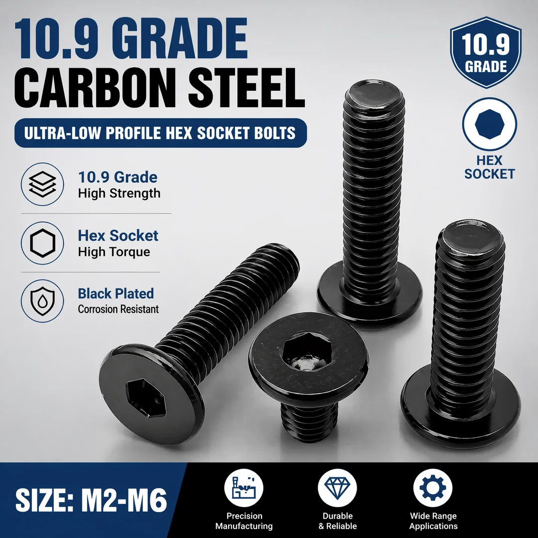 DIN7984 Grade 10.9 Alloy Steel Thin Low Profile Hex Socket Head Cap Screws, Black Oxide Finish Metric M2-M6