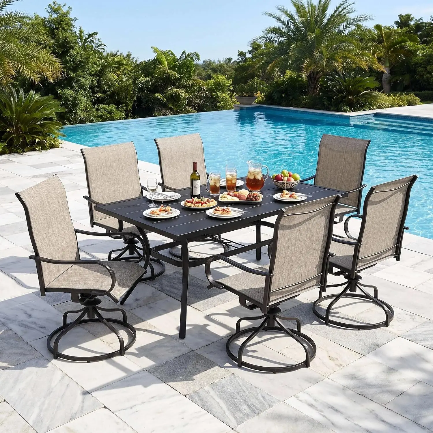 Swivel Patio Dining Chair Set of 6, Textilene High Back Armrest, E-Coating Metal Frame, All Weather Outdoor, 330LBS, Customized