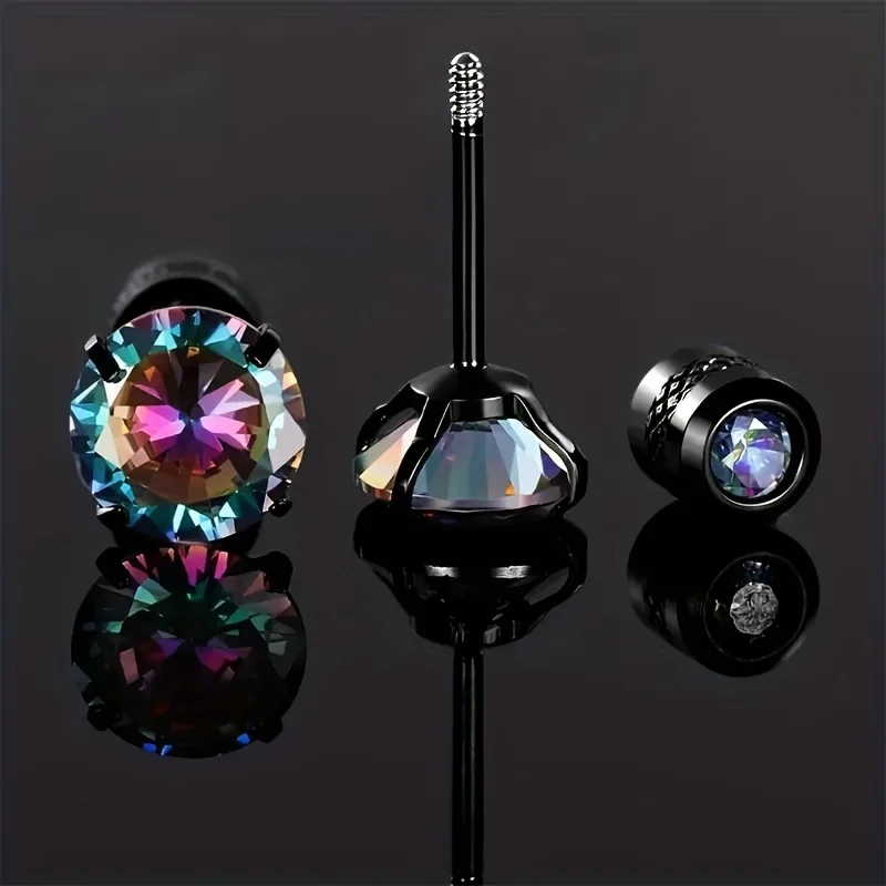 Boucles d'Oreilles Hypoallergéniques en Acier et Titane pour Homme et Femme, Cubique Arc-en-Ciel Noir, 4 Broches, Design en Spirale, 2-6mm, 1 Paire