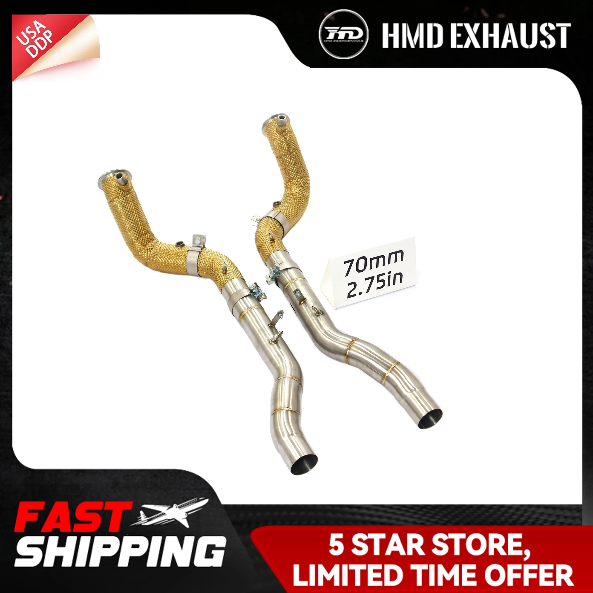 

HMD SS304 Приемная труба для выхлопной трубы Ferrari Roma Прямая установка на болтах Бесплатное обновление теплового экрана с катализатором