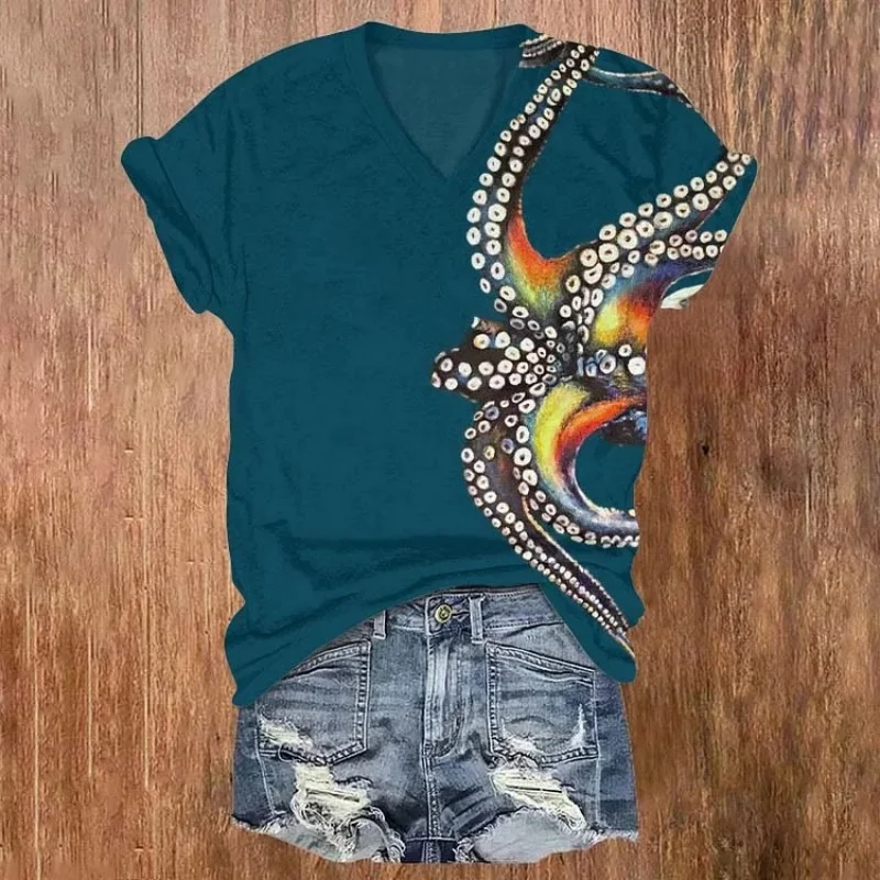 

Japanese Style Oil Painting Octopus Tentacles Print V-neck T-shirt Retro Summer Holiday Short Sleeve Tunics Casual Plus Size Tee