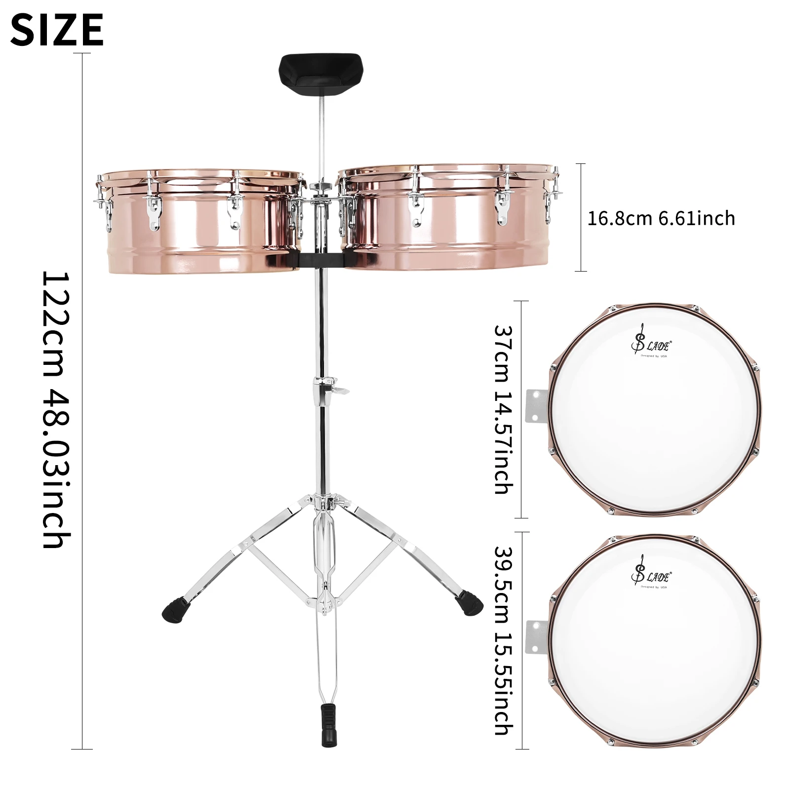 SLADE 14 15 Inch Timbales Drum Set Rose Gold Color with Tripod Stand Cowbell Mount Drum Sticks for Live Stage Band Performance