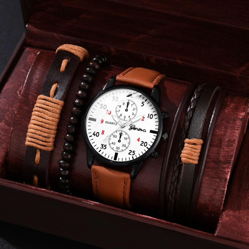 

4/2/1pcs Men Sports Watches Set Man Business Quartz Wristwatch Luxury Brown Leather Bracelet Mens Watch Casual Clock（no Box）