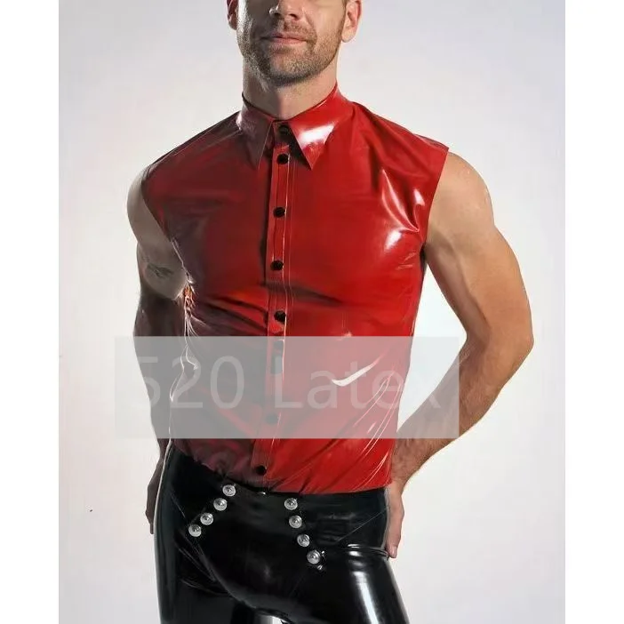 

Men's Rubber Latex Sleeveless Collared T-Shirt Front Button Classic Handmade Tops Rubber Male Polo Shirt Halloween Club Outfit