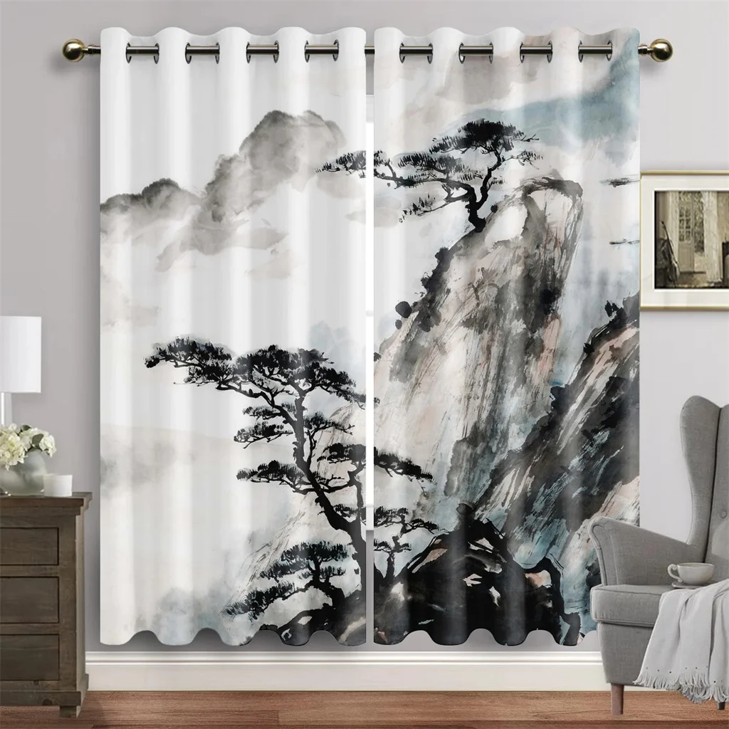 Chinese Traditional Ink Paint Landscape Window Curtain Blinds For Living Room Kids Bedroom Bathroom Kicthen Door Home Decor2Pcs