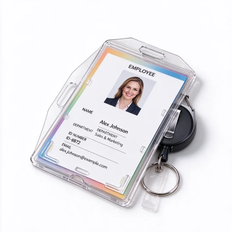 Horizontal Vertical Dual Use Card Holder Clear PC Hard Plastic ID Badge Holder with Thumb Push Hole Badge Reel Keychain