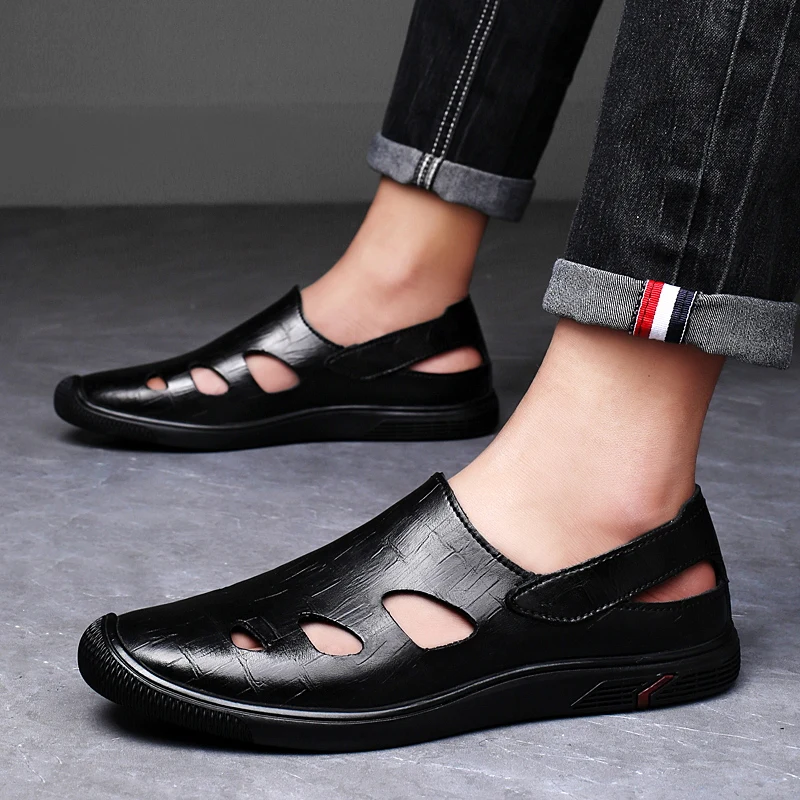 

High Quality Men Hollowed Out Casual Breathable Leather Shoes Fashionable Spring Style Comfortable Non Slip Casual Driving Shoes