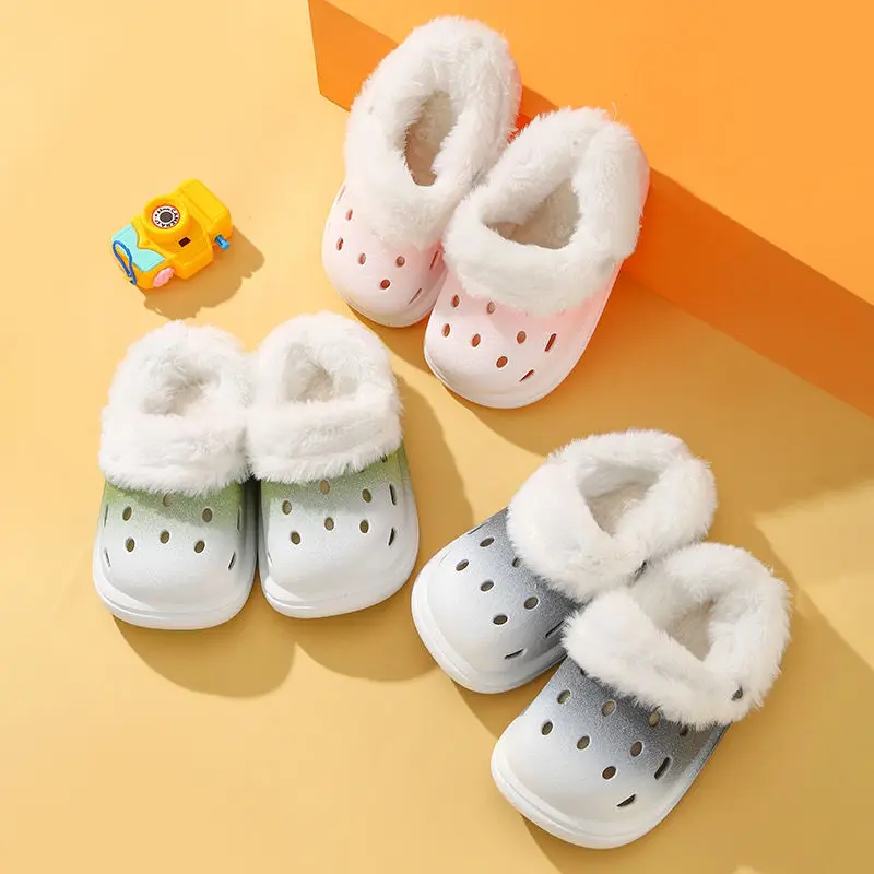 Gradient Color Boys Girls Slippers Winter Plush Warm Detachable Kids Slippers PVC Soft Bottom Non Slip Children Home Shoes