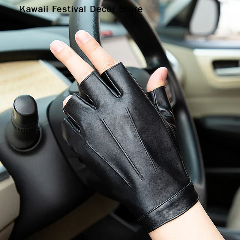 Winter Fashion Men PU Leather Fingerless Gloves Punk Half Finger Tactical Gloves Black Outdoor Driving Motor Cycling Male Mitten