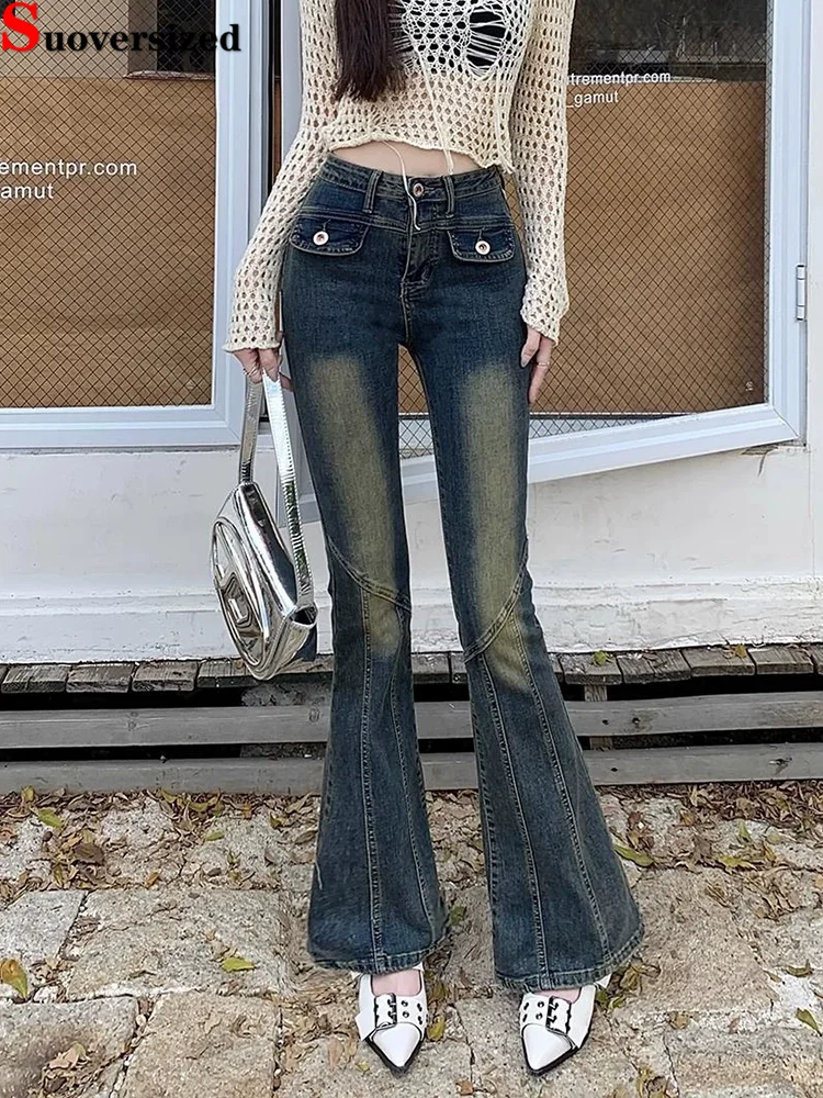 

Отбеленные винтажные модные узкие джинсы Bootcut, женские повседневные эластичные брюки Vaqueros с высокой талией, уличная одежда, широкие джинсовые брюки