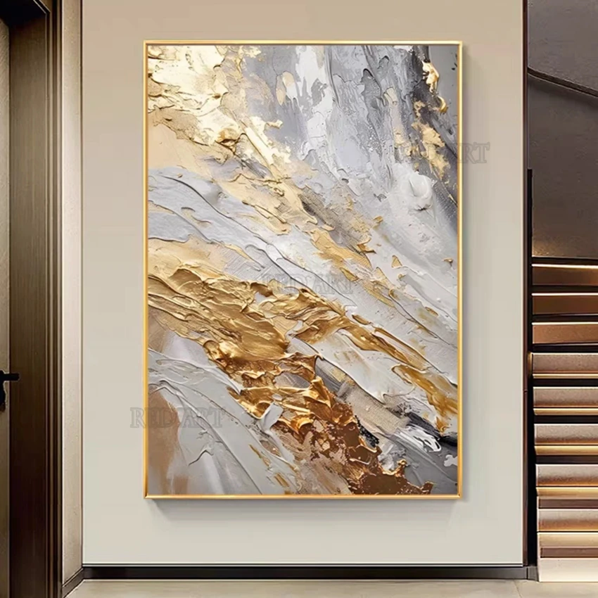 Imagen abstracta pintada a mano contemporánea de gran tamaño, pinturas al óleo de lámina dorada sobre lienzo, decoración del hogar para dormitorio sin marco