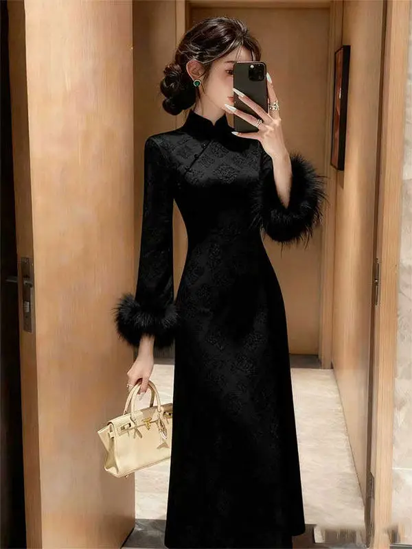 

Elegant Black Slim Fit Dress for Women Stand Collar Long Skirt Spring New Arrival High Quality Chinese Style