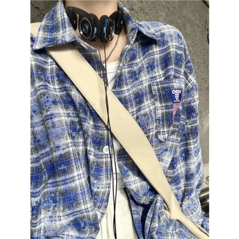 Streetwear Blouse Vintage Plaid Loose Versatile Shirts Women American Long Sleeve Lapel Camisas High Quality Chemises Femme