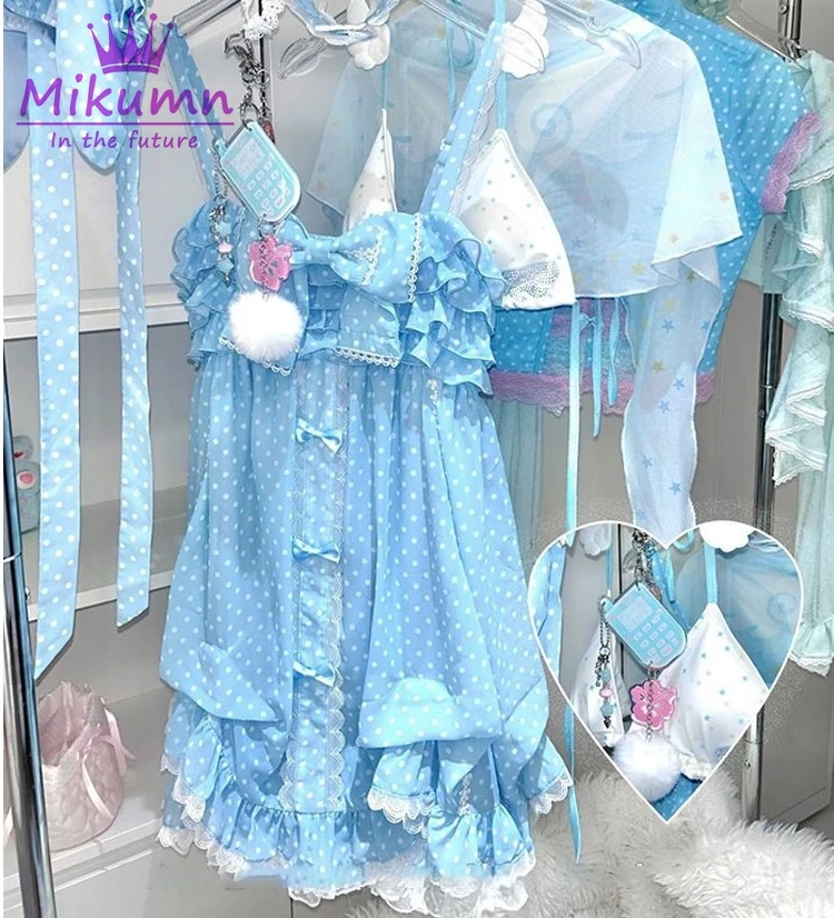 Mikumn Harajuku Süßes blaues Polka Dot Minikleid für Damen, japanisches Y2K Vintage Rüschen-Schleifen-Kawaii ärmelloses Trägerkleid für Partys