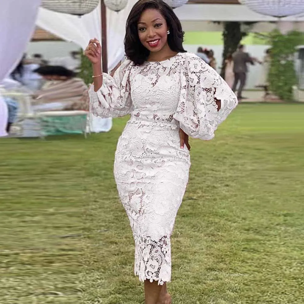 Customized Mother Of The Bride Dresses Lace Sheath/Column Wedding Party Gowns White O-Neck Pattern Hall Wedding Guest Dress Midi