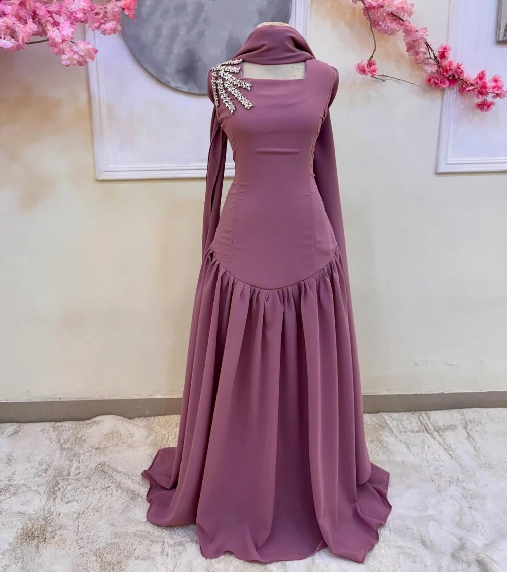 

Customized Rhinestone Square Neck A-line Floor-length Bespoke Occasion Homecoming Party Gown Women's Evening Wedding Guest