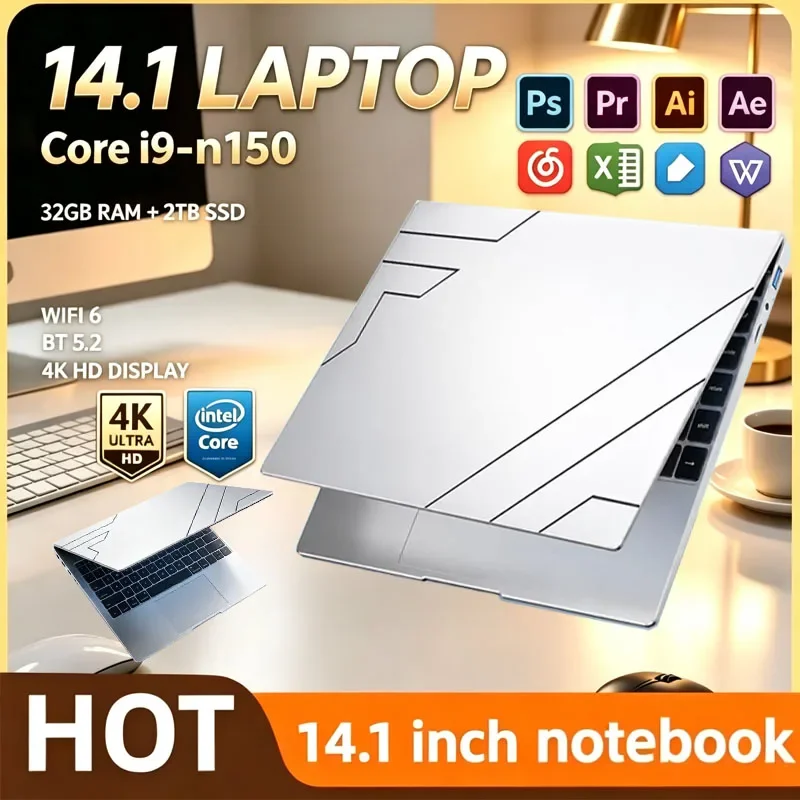 14.1 Inch Ultra Slim Laptop Intel Core I9-N150 32GB 2TB Gaming Computer PC Windows11 Gamer Office Ultra Slim Notebook 1080P HD