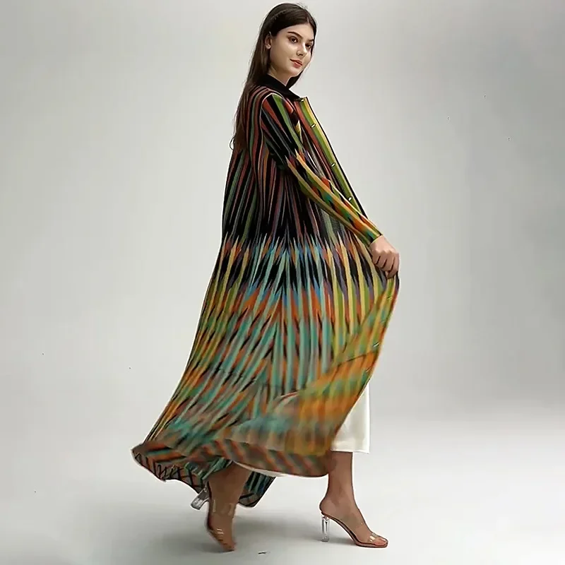 Miyake Colorful Striped Pleated Fashion Dress Women Lapel Single Breasted Loose Fit Long Dresses Party 2024 New Muslim Robe