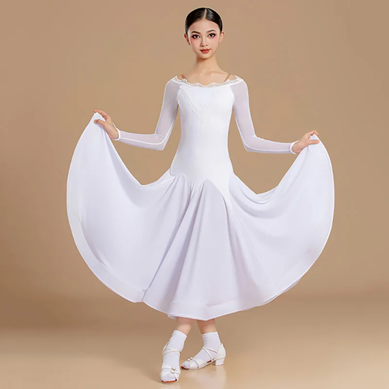모던 댄스 드레스 어린이 소녀 전문 표준 댄스웨어 바디수트와 빅 스윙 스커트 댄스 공연 연습 의상