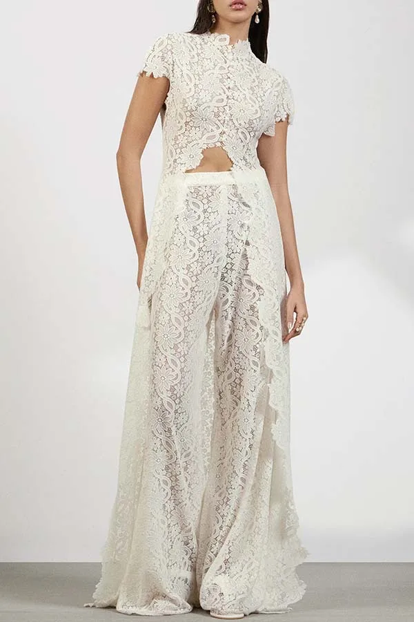 

Women's Sexy Embroidered Lace Hollow Out Set Fashionable White High Neck Ultra Long Top Paired With Casual Pants Two-piece Set