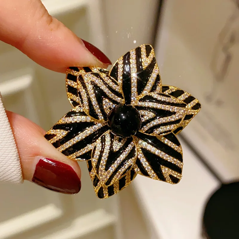 

French Vintage Floral Brooch,Enamel Drip and Crystal Design, Minimalist Coat Pin