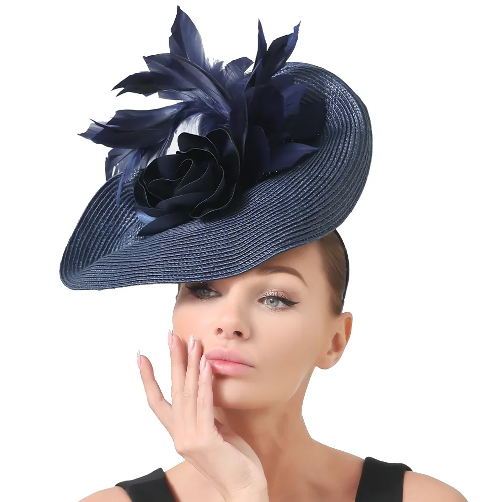 

New Navy Church Fascinators with Flowers Bridal Hat Headbands Hair Accessories Wedding Fedora Race Event Floral Headwear XMF616