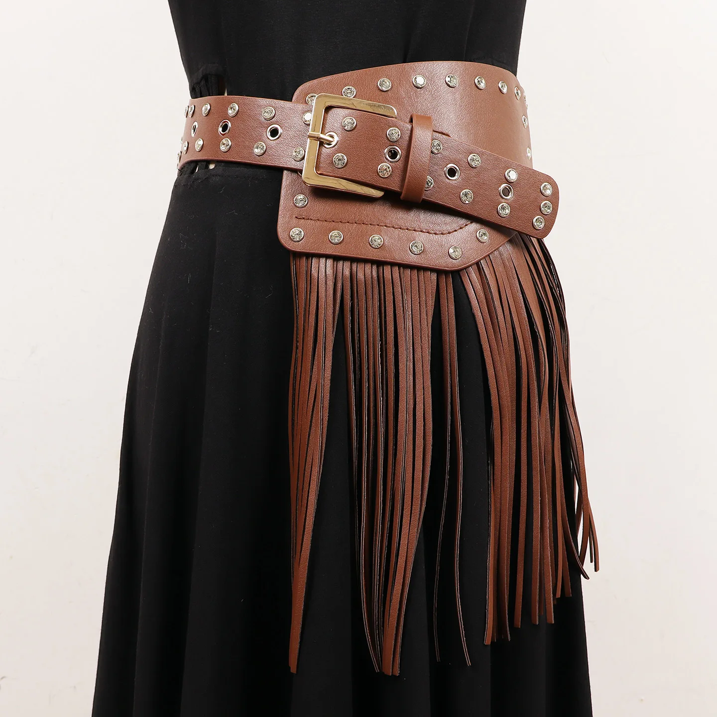 Punk Rivet Bound Leather Belt Fashionable Fringes Western Denim Waist Belt Women's High End Accessory Waistband