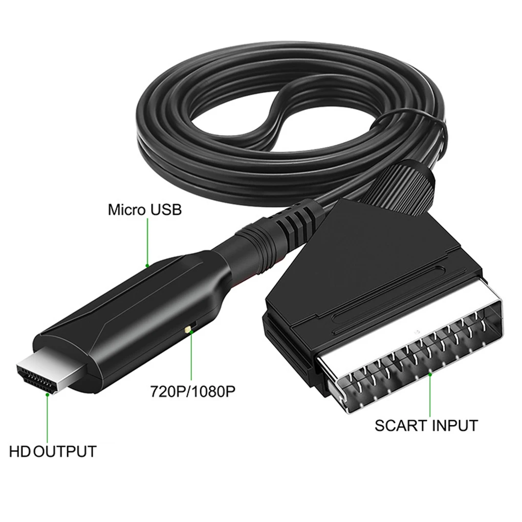 Scart to HDMI-compatible Adapter Professional Male-Male Living Room Audio Video Converter Connector with Power Cable
