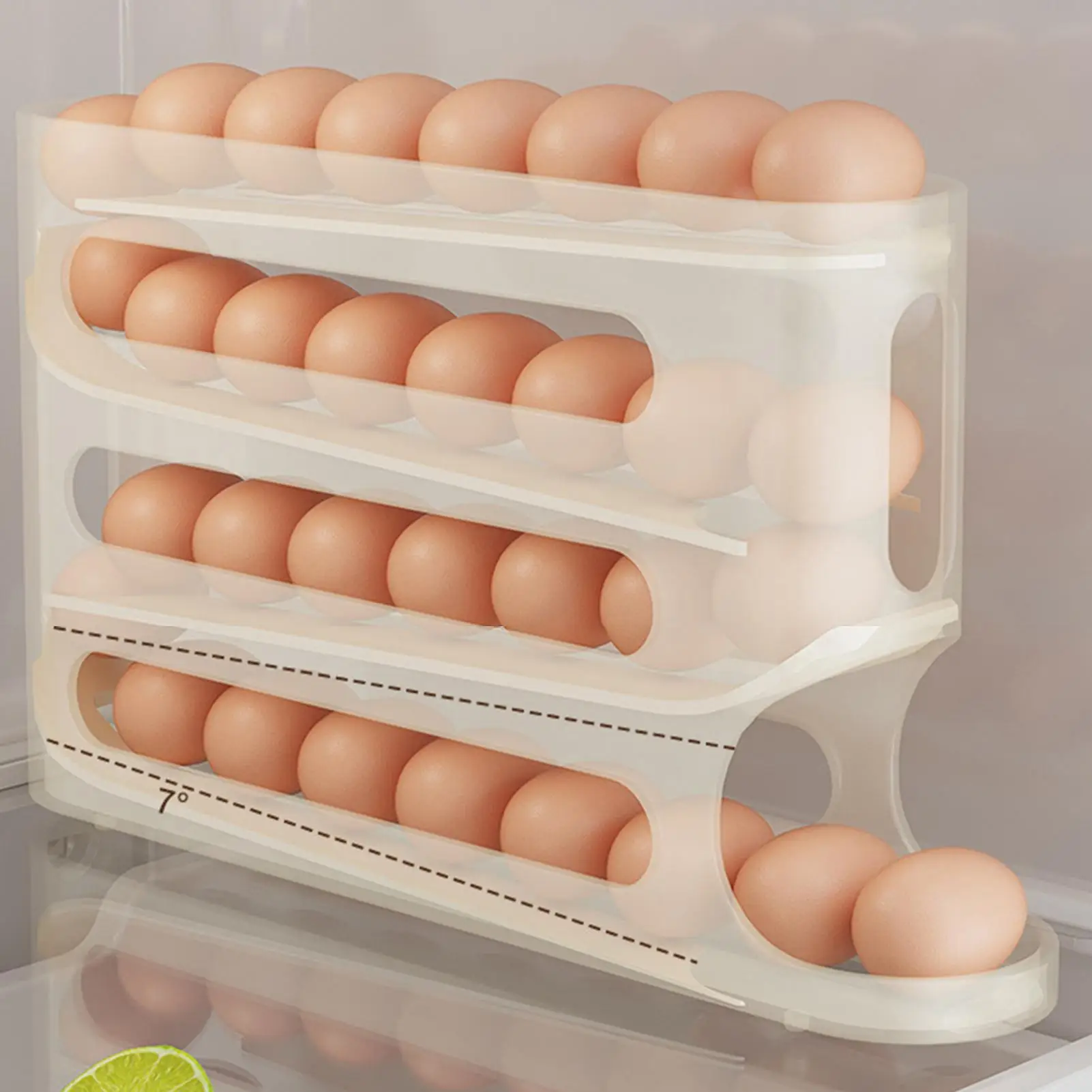 Automatischer Eierrollspender, 4 Etagen, großes Fassungsvermögen, geneigtes Ei-Aufbewahrungsregal, platzsparende Aufbewahrungsboxen, Eier-Organizer-Tablett für