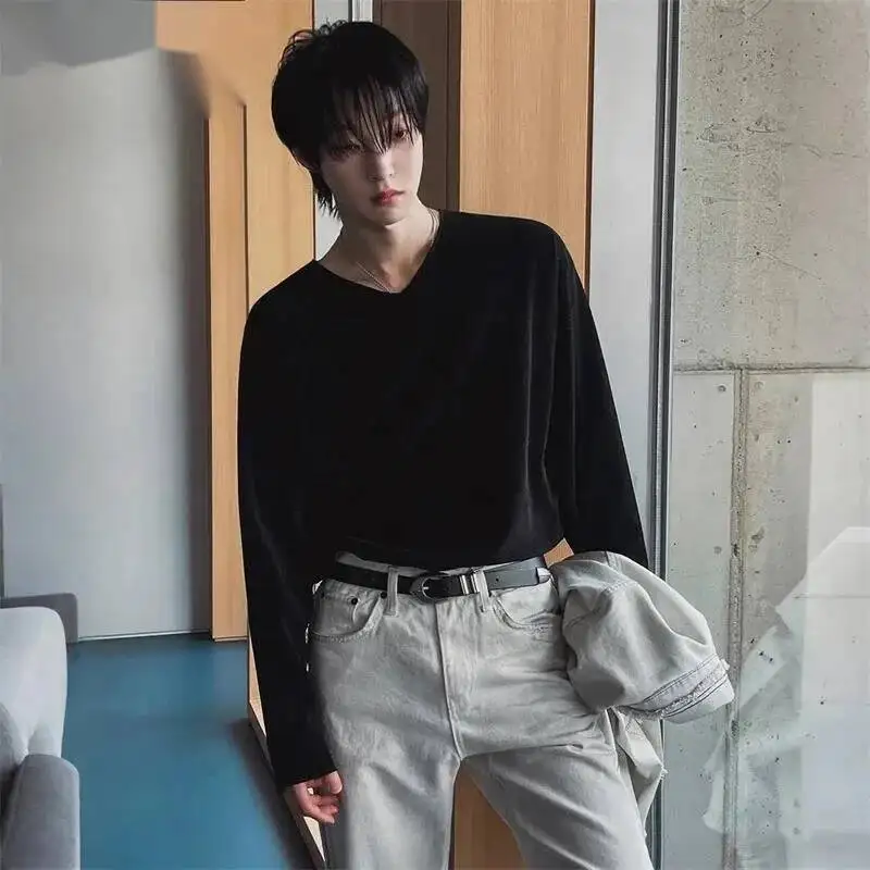 Textured Ribbed V Neck Long Sleeve Men's T-shirt Loose Casual Slim Fit Korean Style Pullover Tops Spring Chic New 9XW4WV